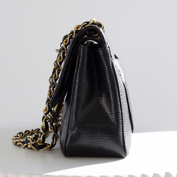 Chanel Vintage Small Classic Flap Exotic Lizard Leather 24K Gold CC Black Bag - Picture 9 of 16